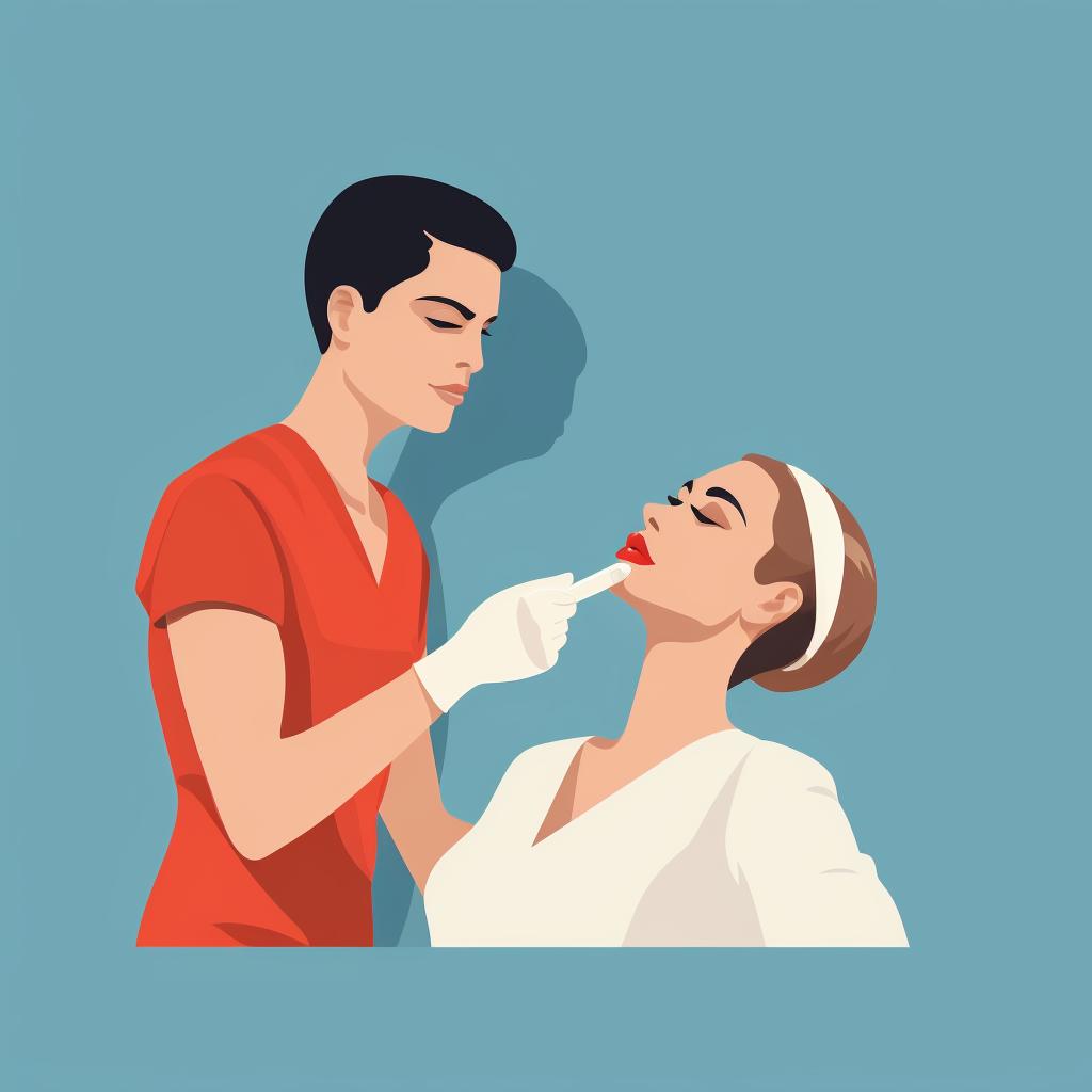 A nurse applying numbing cream on a patient's jawline